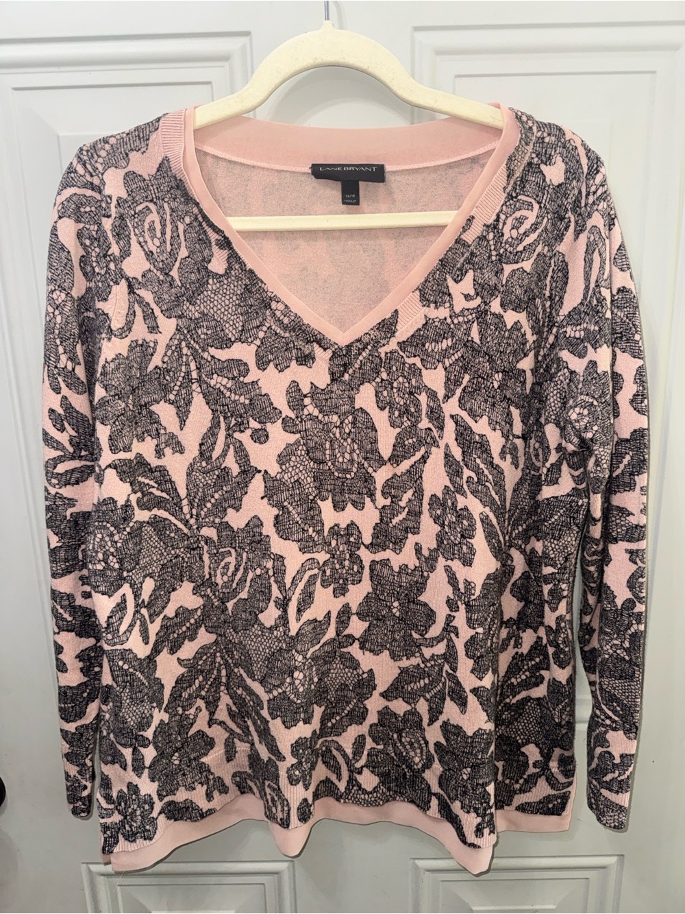 Lane Bryant Pink Black Floral Lace-Pattern V-Neck Sweater